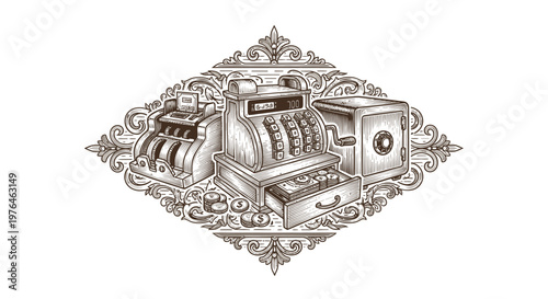 Vintage Engraved Cash Registers and Safe with Ornate Frame