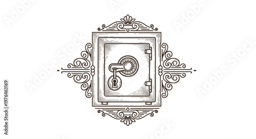 Vintage Engraved Safe Illustration with Ornate Frame