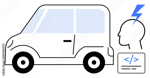 Artificial intelligence, machine learning, autonomous vehicles, coding, software development, innovation. A car, a human head with a lightning bolt and a code snippet. Autonomous vehicles and AI