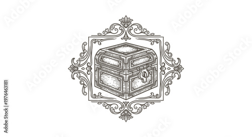 Vintage Engraved Treasure Chest Emblem with Ornate Flourish Frame