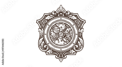 Vintage Engraved Clockwork Mechanism Emblem with Ornate Flourishes