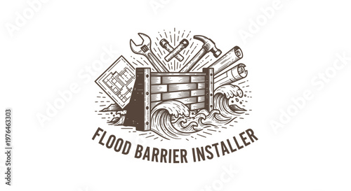 Flood Barrier Installer Logo - Vintage Engraved Construction Tools and Water Waves