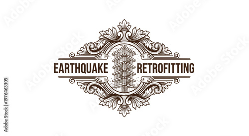 Vintage Engraved Emblem: Earthquake Retrofitting Building Safety