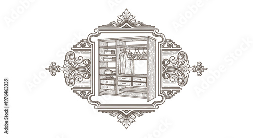 Vintage Engraved Closet Illustration with Clothes and Accessories