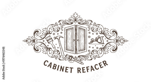 Vintage Cabinet Refacer Logo - Engraved Tools and Ornate Frame