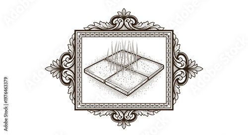 Vintage Engraved Illustration of Crumbling Floor Tiles in Ornate Frame
