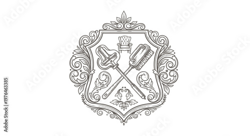 Vintage Engraved Emblem with Baker Tools and Crown, Heraldic Crest