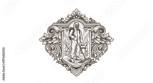 Vintage Engraved Emblem with Hazmat Suit Figure and Ornate Frame