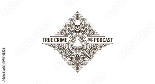 Vintage True Crime Podcast Logo with Skull and Magnifying Glass