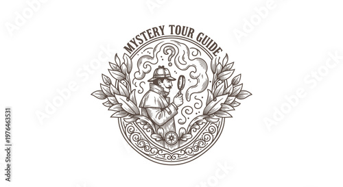 Vintage Engraved Detective Emblem with Magnifying Glass and Question Marks