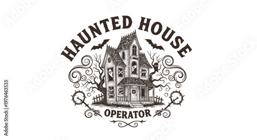 Vintage Haunted House Operator Logo with Bats and Spooky Elements