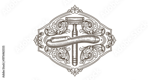 Vintage Engraved Razor Emblem - Retro Barber Shop Style
