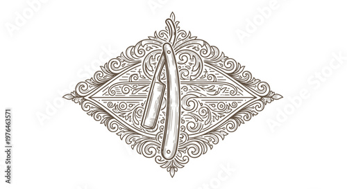 Vintage Engraved Straight Razor Emblem with Ornate Flourishes