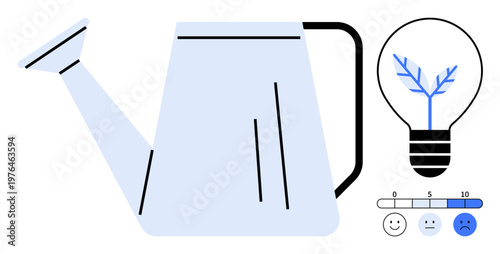 Sustainability, growth, eco-friendly energy, innovation, environmental awareness, human emotions. A watering can, plant inside a lightbulb and an emotion scale. Sustainability and growth concept