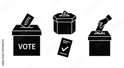 Voting process icons depicting ballot boxes ballots and hand silhouette