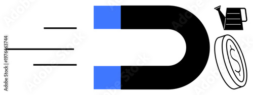 Business strategy, financial growth, marketing tools, customer attraction, investment, wealth generation. A magnet pulling symbols of growth and money. Financial growth and investment concept