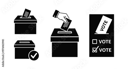 Voting process depicted with ballot boxes and a hand casting a vote silhouette
