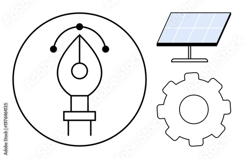 Renewable energy, industrial processes, graphic design, clean technology, engineering concepts, innovation. Minimalist icons with pen tool, solar panel and gear. Graphic design and renewable energy