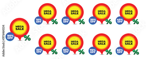 Colorful Sale Percentage Icons Set – Discount Badges 10% to 90% for Retail Promotions