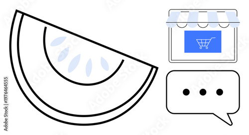 Online shopping, communication, business branding, digital marketing, customer engagement, food retail. Shopping cart icon, chat bubble and minimal slice graphic. Online shopping and communication