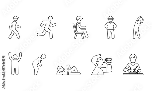 Various daily activities icon set outline depicting human actions and lifestyle routines