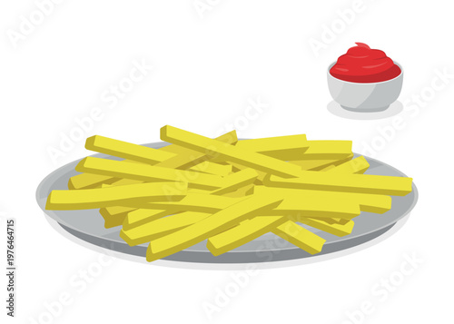 A Portion of French Fries Served on a Plate with a Jar of Ketchup Sauce. Flat Design Vector Illustration, Perfect for Snack Bars and Fast Food-Related Themes.