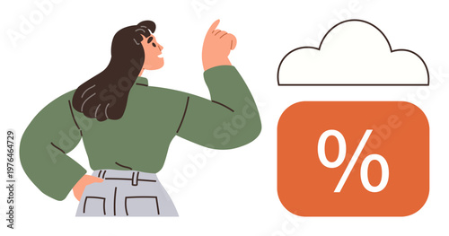 Business analysis, cloud storage, savings, sales trends, discounts, marketing strategies. A woman pointing towards a cloud and a percentage icon. Business analysis and cloud storage concept