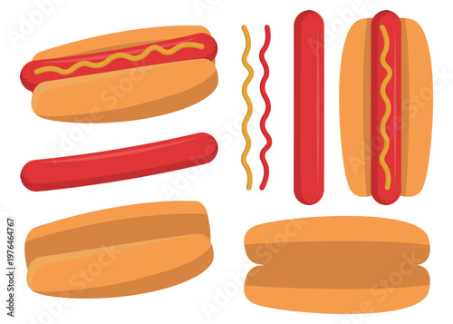 Set of Customizable Hot Dog Illustrations, Including Empty Buns, Sausages, Mustard and Ketchup Lines, and Assembled Hot Dogs. Ideal for Menus and Food Designs. Flat Design Vector.