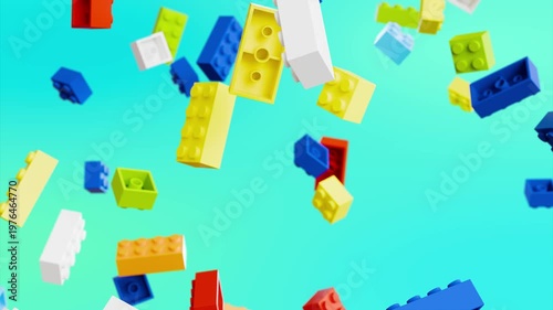 Falling colorful toy bricks on mint blue gradient background, seamless slow motion loop
