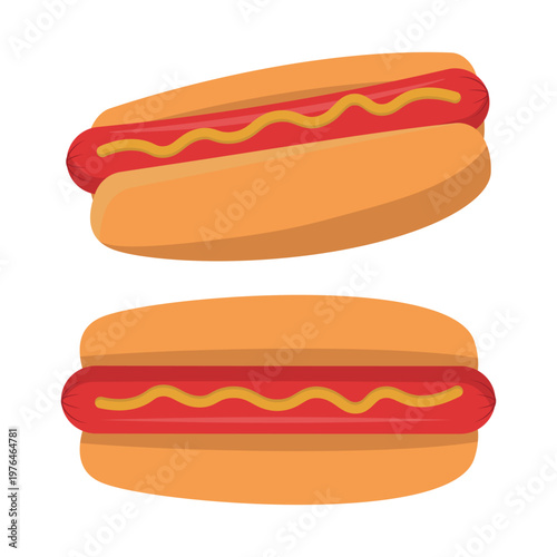 Set of Two Hot Dog Illustrations with Mustard, one in a Top-Down View and the other at an Angle. Ideal for Food Menus, Branding, and Fast Food Designs. Flat Design, Vector.