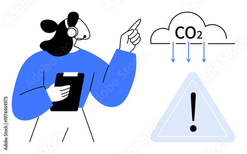 Environmental awareness, climate change, pollution monitoring, air quality tracking, sustainable practices, carbon impact analysis. Person with headset and clipboard pointing to a CO2 cloud