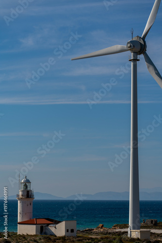 Bozcaada, Çanakkale Castle, town center architecture and environmental details, wind turbines located on the west of the island.