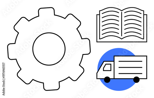 Logistics, knowledge transfer, operations, process management, transport services, education. Simple gear, open book and delivery truck icons with blue accent. Logistics and knowledge concepts