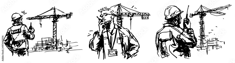 Fototapeta premium Construction site workers communicating via handheld radios near industrial cranes in hand drawn sketch style