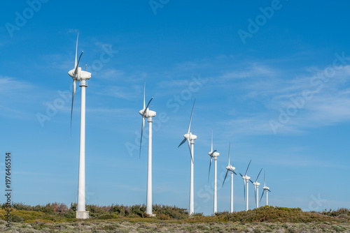 Bozcaada, Çanakkale Castle, town center architecture and environmental details, wind turbines located on the west of the island.