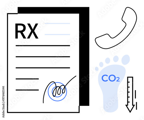 Medicine, sustainability, telehealth, carbon emissions, ecological impact, healthcare technology. A prescription document, CO2 footprint down arrow and phone receiver. Telehealth and sustainability