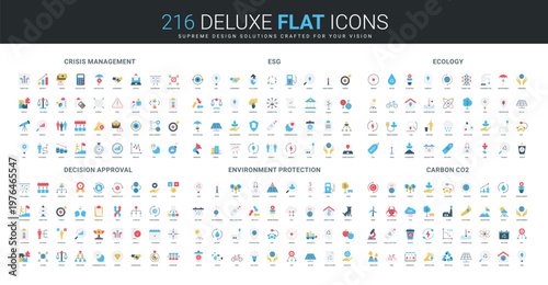 Comprehensive flat icon set covering crisis management, ESG, ecology, decision approval, environment protection, and carbon CO2 topics for diverse sustainability concepts isolated vector illustration