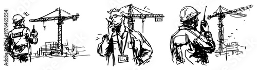 Construction site workers communicating via handheld radios near industrial cranes in hand drawn sketch style