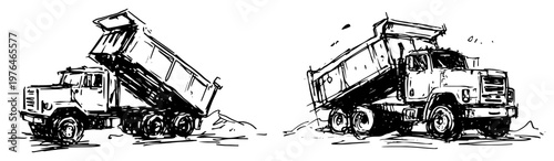 Dump trucks for construction and earthmoving work in hand drawn sketch style