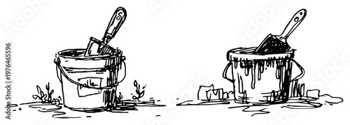 Paint buckets with brushes for home renovation projects hand drawn sketch