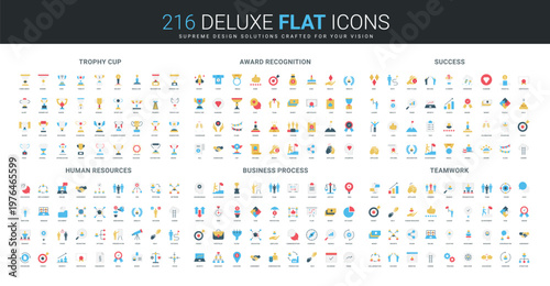 Flat icon set featuring trophy cups, award recognition, business process, teamwork, human resources, and success concepts, ideal for business and achievement themes isolated vector illustration