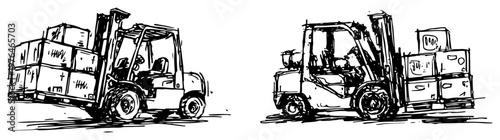 Forklift trucks transporting boxes and pallets in a warehouse setting hand drawn sketch style