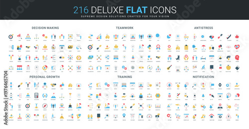Colorful flat icons cover decision making, teamwork, antistress, personal growth, training, notification concepts with modern minimal style for business and productivity isolated vector illustration