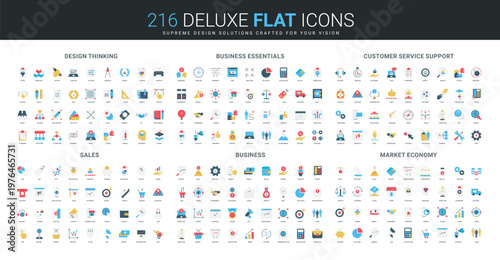 Comprehensive flat icon set covering design thinking, business essentials, customer service, sales, business operations, and market economy concepts isolated vector illustration