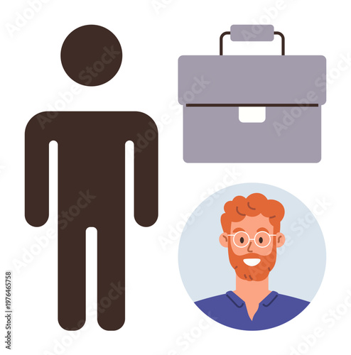 Career development, human resources, job applications, professional identity, workplace concepts, corporate communication. Silhouette with briefcase and portrait. Career development and human