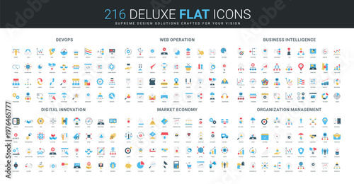 Comprehensive flat icon collection covering devops, web operation, business intelligence, digital innovation, market economy, and organization management isolated vector illustration