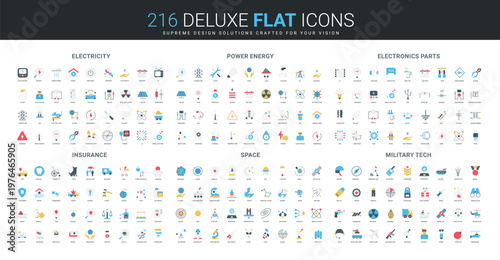 Comprehensive flat icon set covering electricity, power energy, electronics parts, insurance, space, and military tech concepts, ideal for technical and scientific topics isolated vector illustration
