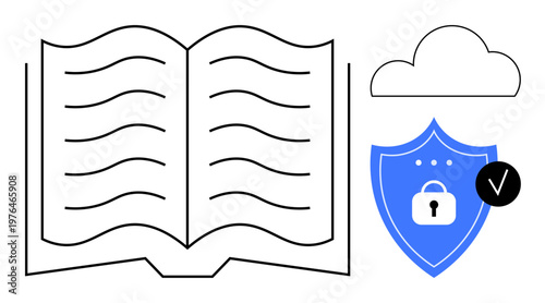 Data security concept. Open book with cloud and shield lock symbol to highlight data security in digital learning. Data security ensures safe online storage and access. Perfect for education, cloud
