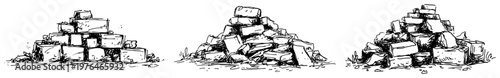 Multiple heaps of bricks and stones for construction projects in hand drawn sketch style