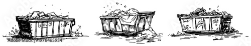 Different types of industrial skips and waste containers in hand drawn sketch style